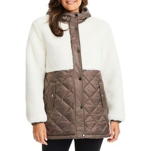 Sanctuary Hooded White Sherpa Taupe Quilted Mixed Media  Zip Up Jacket Sz Large